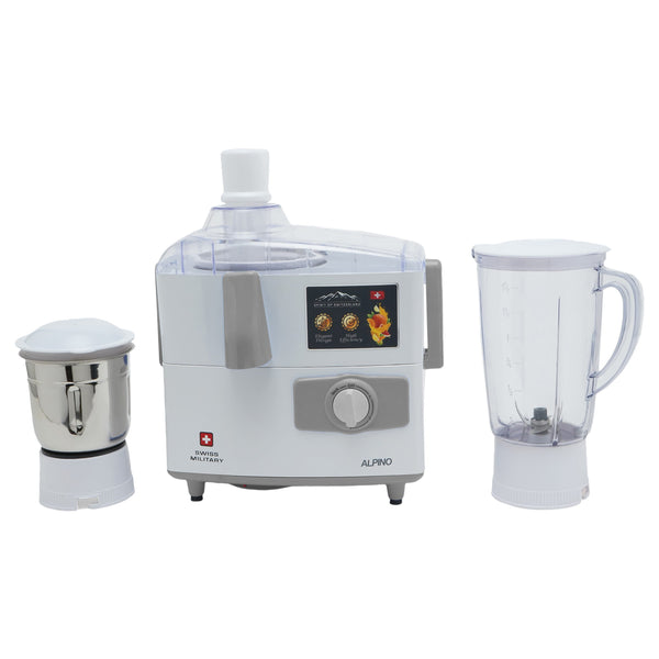 Swiss Military ALPINO Mixer Grinder Juicer - 450W, White with Multi-Purpose Jars, Shock Proof Plastic Body and 3-Speed with pulse and Safety locks (White and Grey Color)