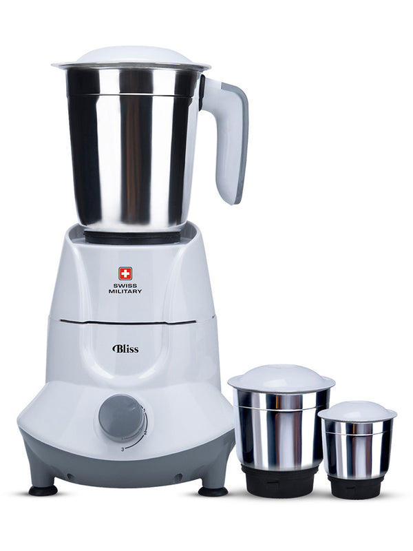 SWISS MILITARY BLISS Mixer Grinder with 3 Stainless Steel jars, 500 Watts, 3-Level Speed Control with Pulse Function, Knob Control with Auto Power Cut | White & Blue