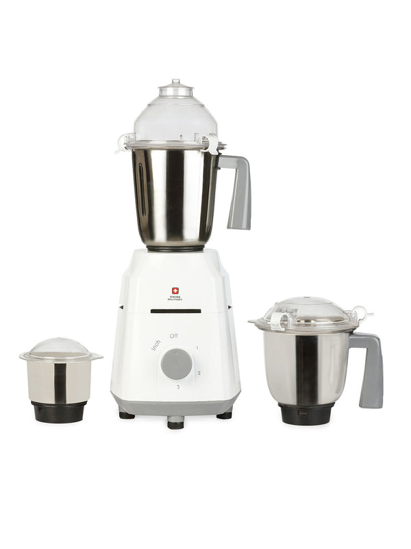 Swiss Military MAGNIFIQUE White Grey Mixer Grinder | Auto Power-Cut | 3 Speed Control with Pulse Function | 3 Clip Jars With Spill-proof Lids | 1000 Watts